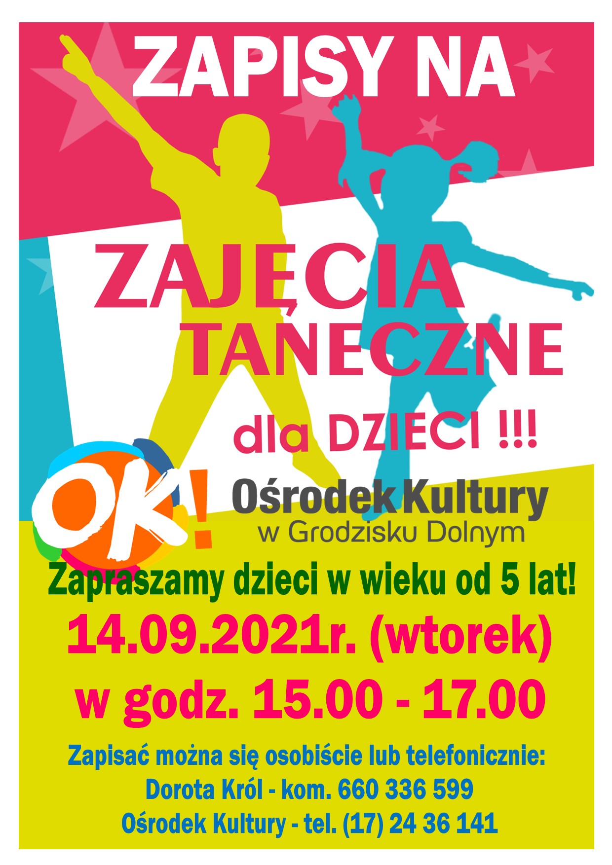 Ośrodek Kultury w Grodzisku Dolnym zapraszana zajęcia taneczne. Zapisy we wtorek 14.09.2021 w godzinach od 15.00 do 17.00